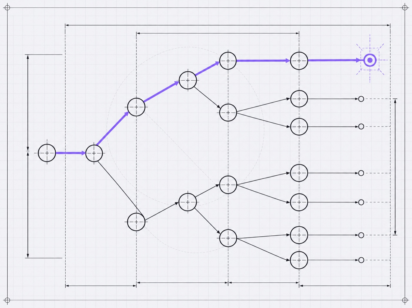 Blueprint of a decision graph, one route drawn heavier to a signal