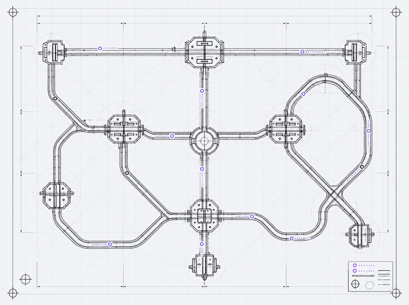 Blueprint plan of guideways and stations with actors and their trails
